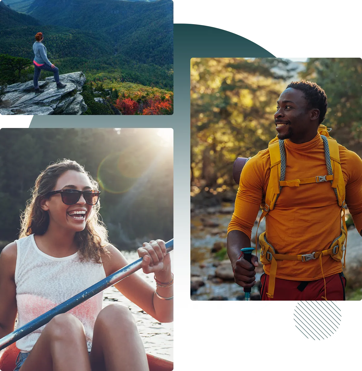 collage of people hiking and kayaking